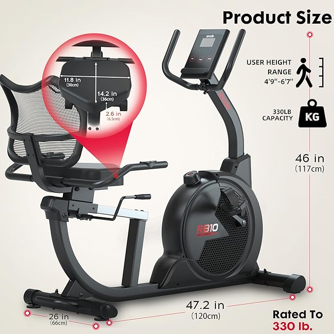SNODE Magnetic Recumbent Exercise Bike for Home, Recumbent Bike for Rehab and Seniors, Recumbent Stationary Bike with LCD Monitor and Large Seat Cushion & Mesh Backrest, 330LB Weight Capacity