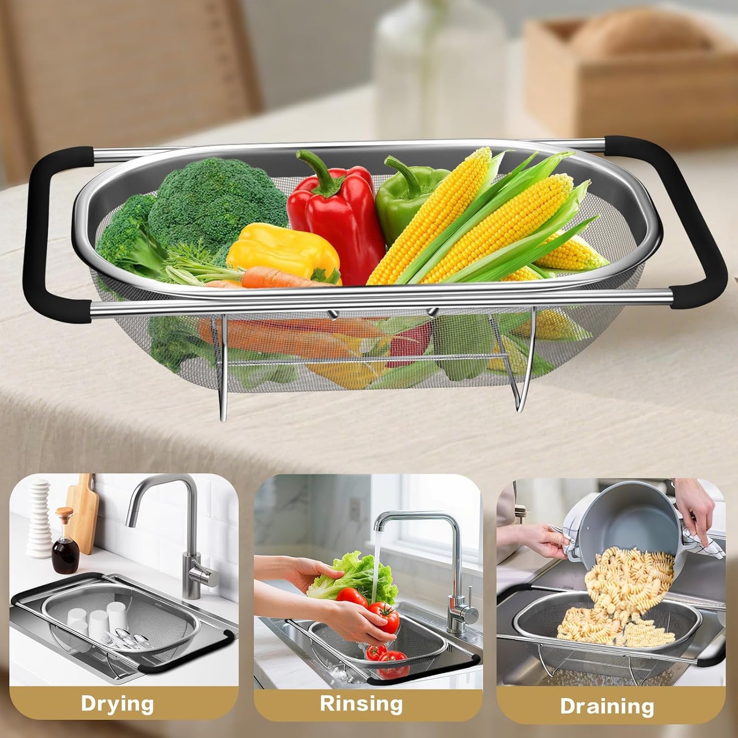 Over the Sink Colander - Strainers and Colanders - Stainless Steel Strainer - Expandable Sink Colander with Rubber Grip for Strain, Drain, Rinse Fruits, Vegetables, Home Kitchen Essentials