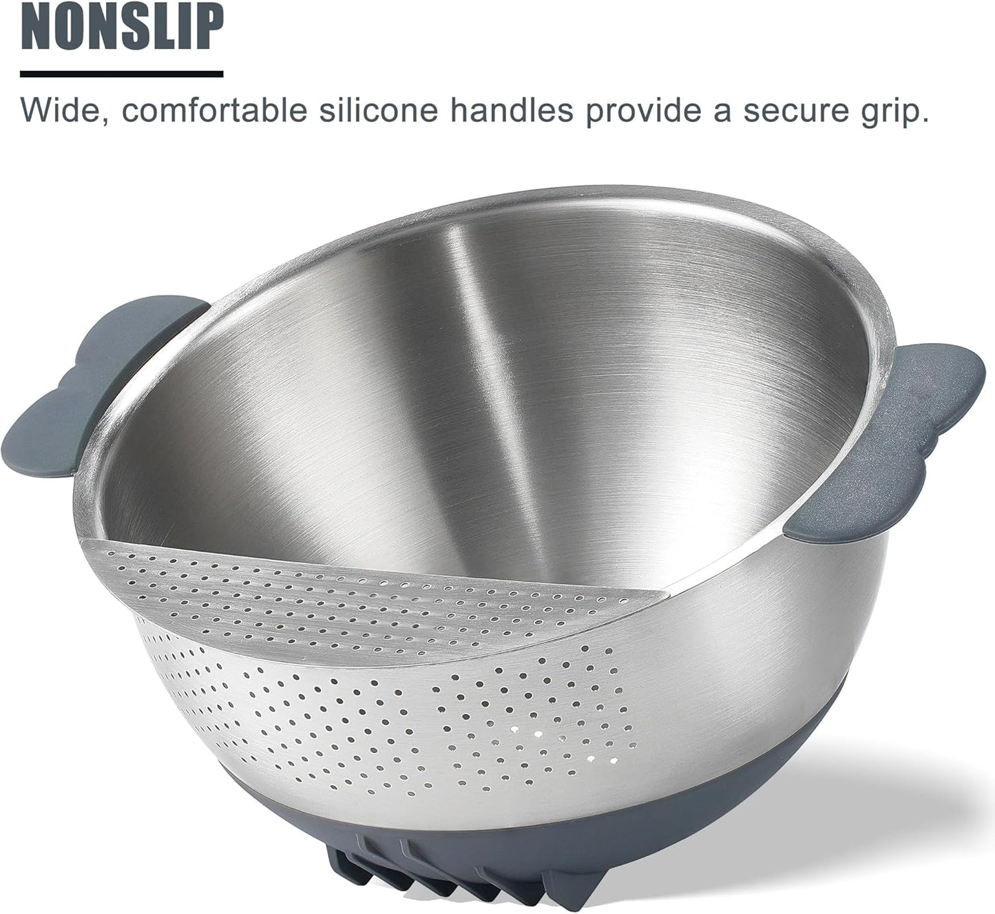 Rice Washer Strainer Bowl Quinoa Washing Bowl 18/10 Stainless Steel Colander Versatile Good Grips Side Drainers for Cleaning Rinsing Fruits, Vegetables, and Beans - Tilting Non-slip Silicone Bottom