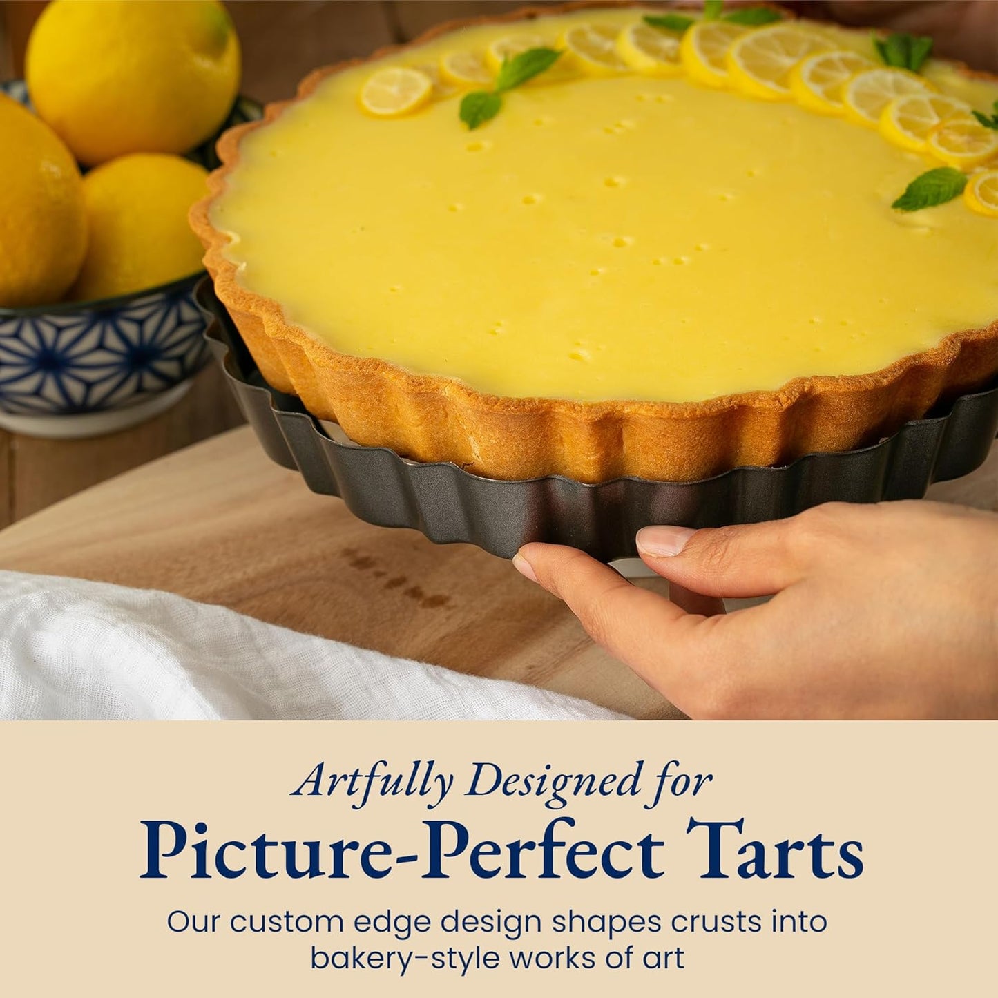 Patz&Patz Fluted Tart Pan 9 Inch Removable Bottom with Patented Silicone Crust Shaper | Nonstick Carbon Steel Quiche Baking Dish, Fruit Tart Molds for Baking, Quiche Pan & Pie Mold - PFOA & PTFE-Free