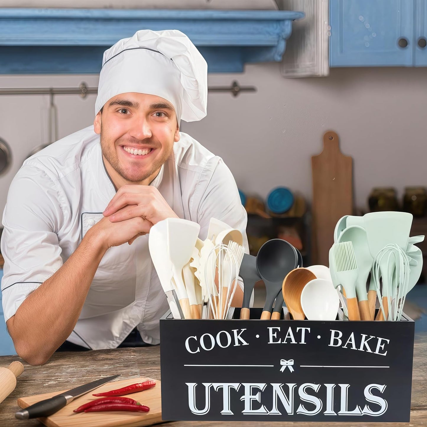 Utensil Holder,Extra Large Wooden Utensil Holder For Kitchen Counter,Cooking Spatula Organizer,Big Storage Caddy With 4 Compartments Flatware Spoon Tool Cutlery