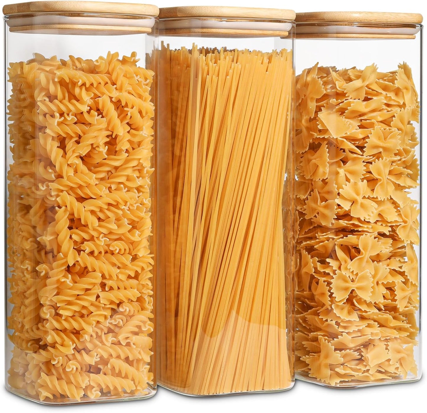 ComSaf Glass Spaghetti Pasta Storage Containers with Lids 2.2 Qt Set of 3, Tall Clear Airtight Food Storage Jar with Lid for Noodles Flour Oat Cereal Sugar Beans, Sqaure Spaghetti Pantry Containers