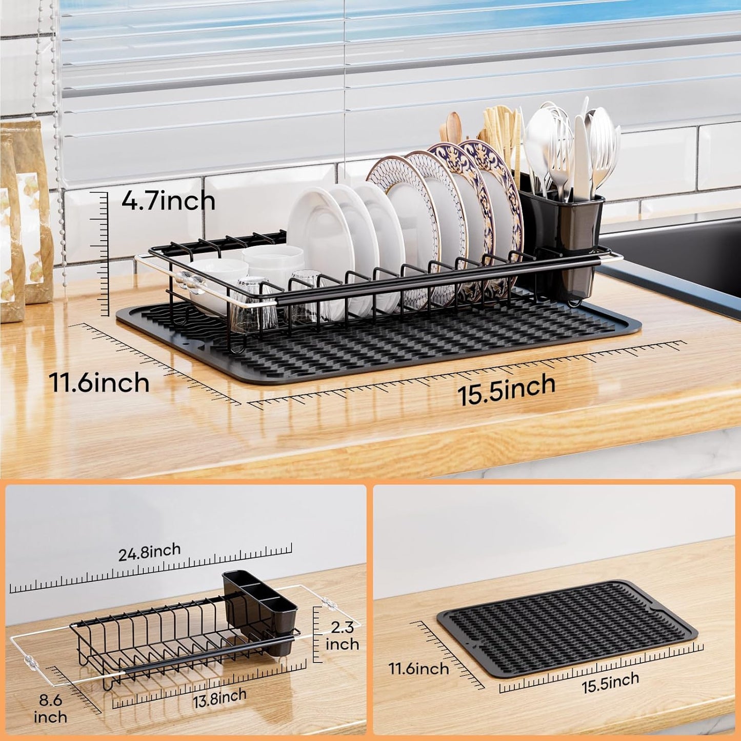 Stainless Steel Expandable Dish Drying Rack with Silicone Drying Mat and Removable Cutlery Holder for 14''-19'' Kitchen Sink