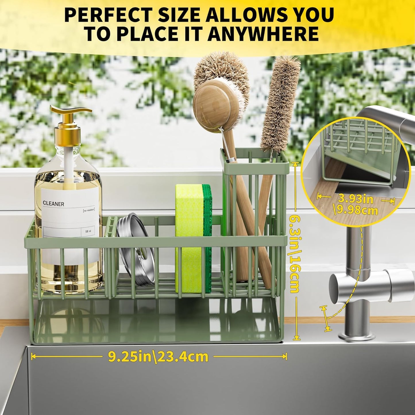 Cisily Kitchen Sink Caddy - Sponge Holder and Organizer with High Brush Holder, 304 Stainless Steel, Sage Green