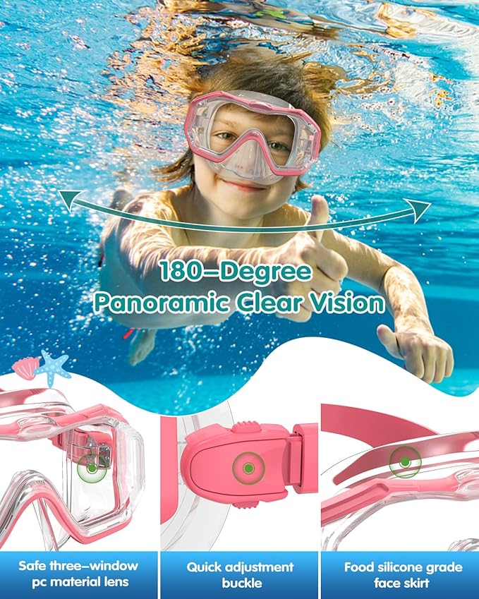 W WSTOO Kids Swim Goggles with Nose Cover,Snorkel Diving Swimming Mask for Youth 5-15,HD 3-Window Wide Vision Anti-Shattered Lens Anti-Fog&Leak