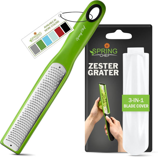 Spring Chef Premium Lemon Zester Grater with Handle - Orange, Garlic, Ginger, Nutmeg, Cheese Grater- Handheld Sharp Kitchen Tool - Stainless Steel Citrus Zester with Blade Cover - Fine Shred, Green