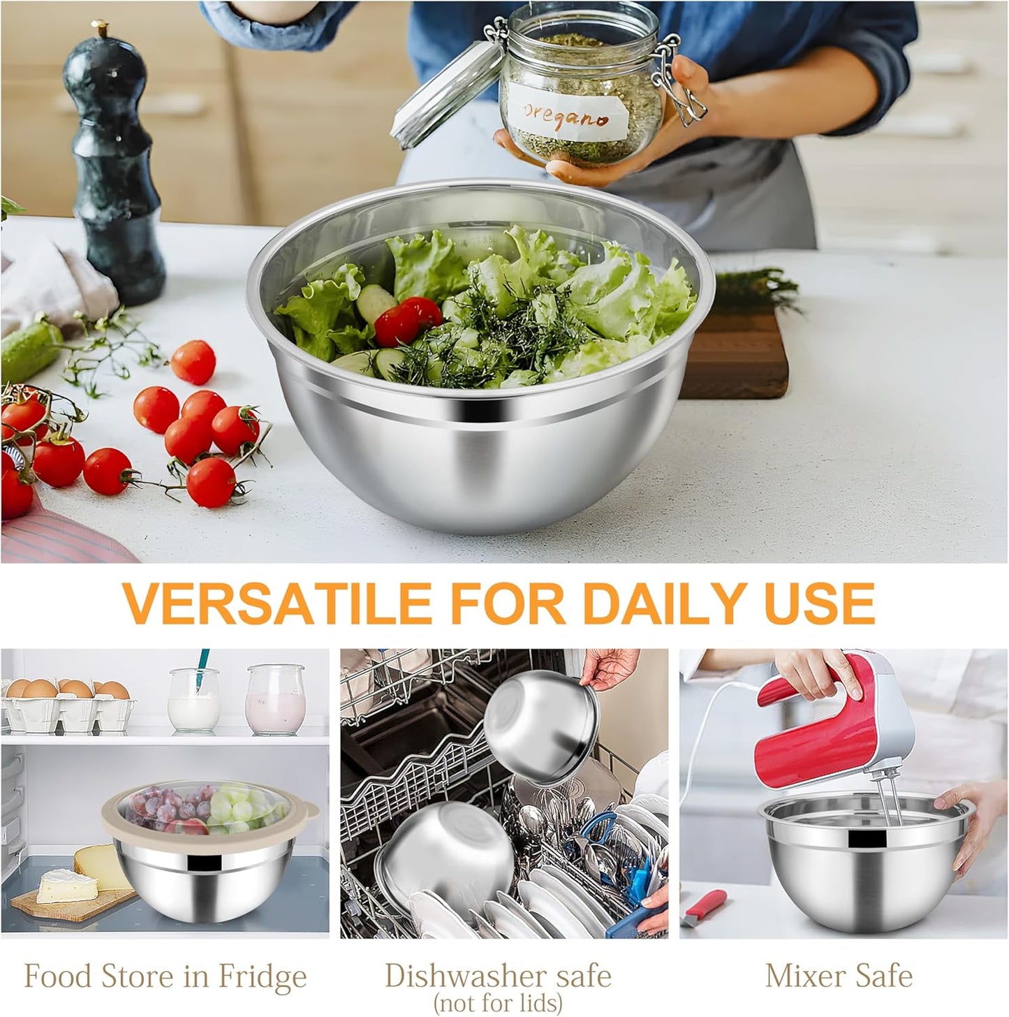 TeamFar Mixing Bowls with Lids, 4.5/3/1.5 QT Stainless Steel Nesting Salad Bowls with Airtight Lids, For Serving/Mixing/Storing/Prepping, Healthy & Sturdy, Visible & Easy Clean, Khaki, Set of 3