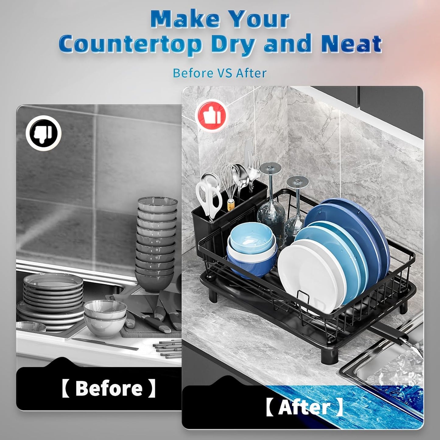 Dish Drying Rack, Stainless Steel Space-Saving Dish Rack, Dish Racks for Kitchen Counter, Kitchen Dish Drainers with Removable Utensil Holder,New Drain Outlet,Plate Rack and Drainboard, Black