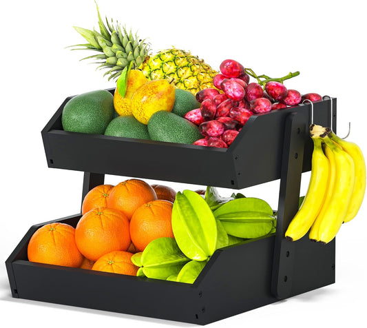 Bamboo Fruit Basket for Kitchen– 2 Tier Fruit Bowl For Kitchen Counter, Large Fruit Holder With 2 Banana Hangers, Idea For Fruit and Vegetable Storage, Bread Basket, Snack Organizer(BLACK)