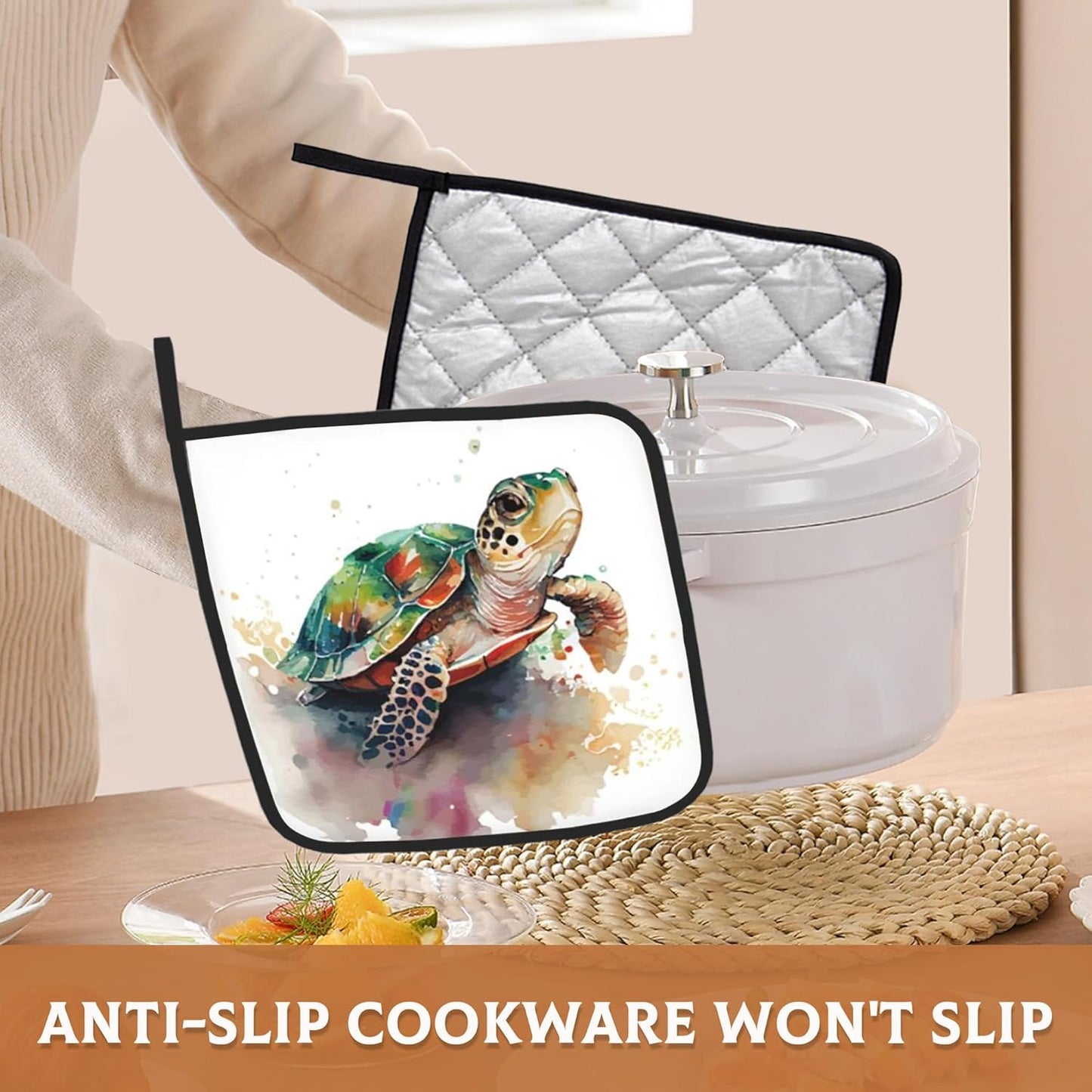 2PCS Turtle Watercolour Pot Holder with Loop,Heat Resistant Oven Pads,Hot Pat for Kitchen Cooking Baking Food