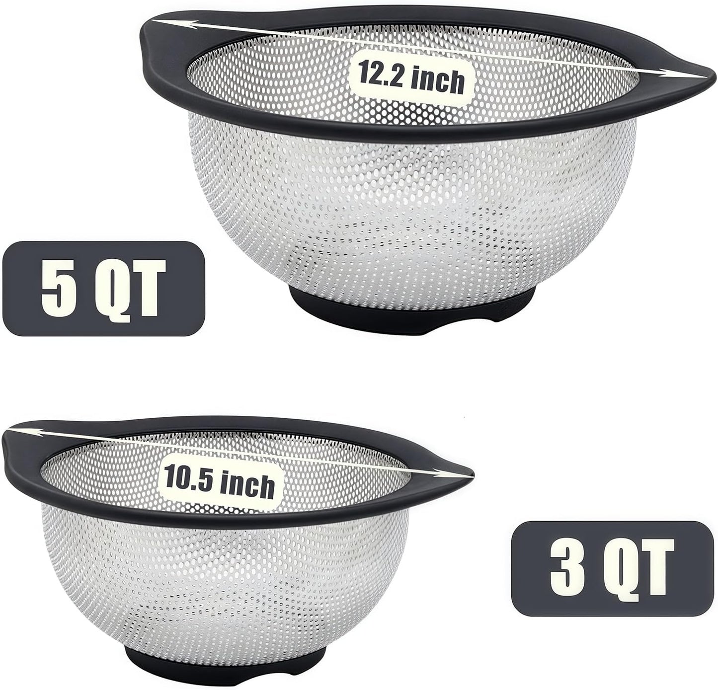 Stainless Steel Colander for Kitchen Metal Colanders & Food Strainers, Small and Large Sink Colander Set, Black Non-Slip Grip, (3 QT and 5 QT)