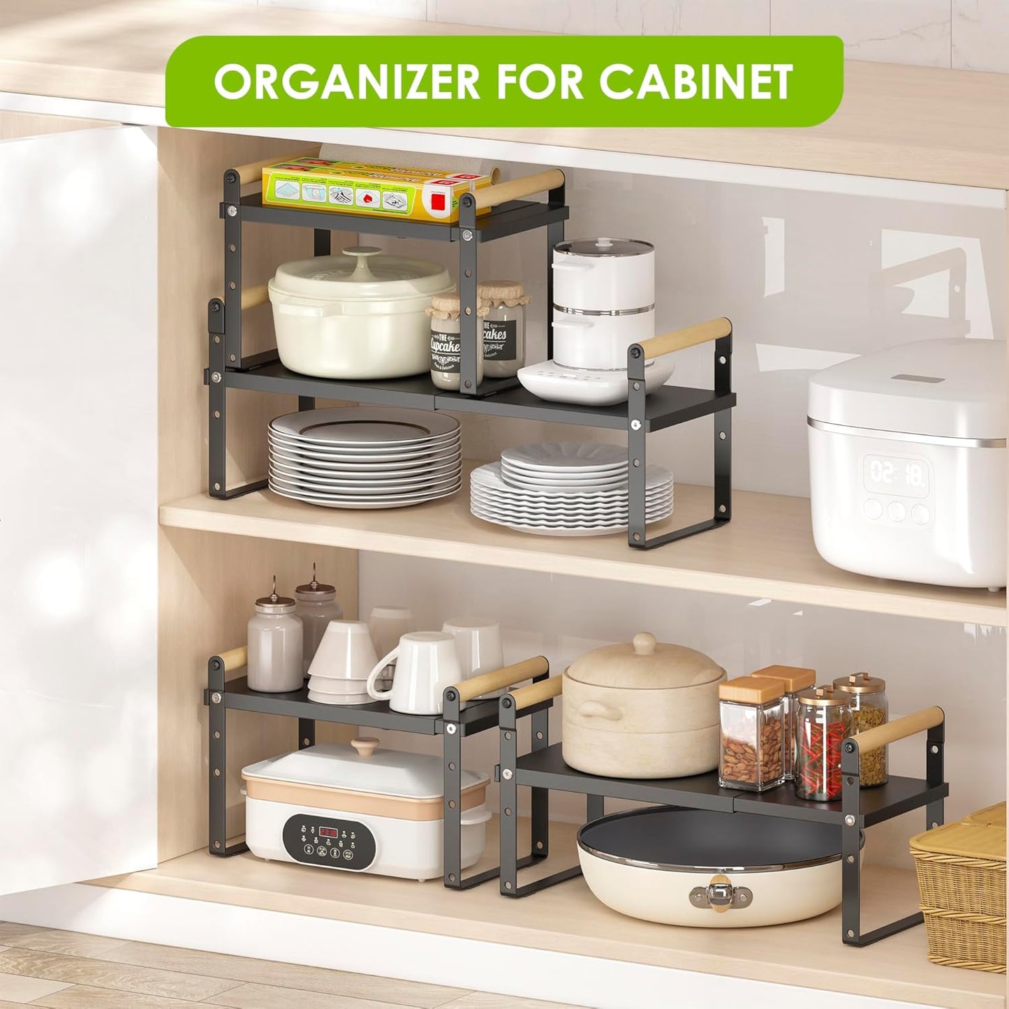 DOLALIKE Expandable kitchen Countertop Organizer, Stackable Cabinet Shelf Organizers, Space Saving Spice Rack Pantry Storage for Bathroom Office Organization (6.9'D*13-19.7''W*15.7''H, Black)