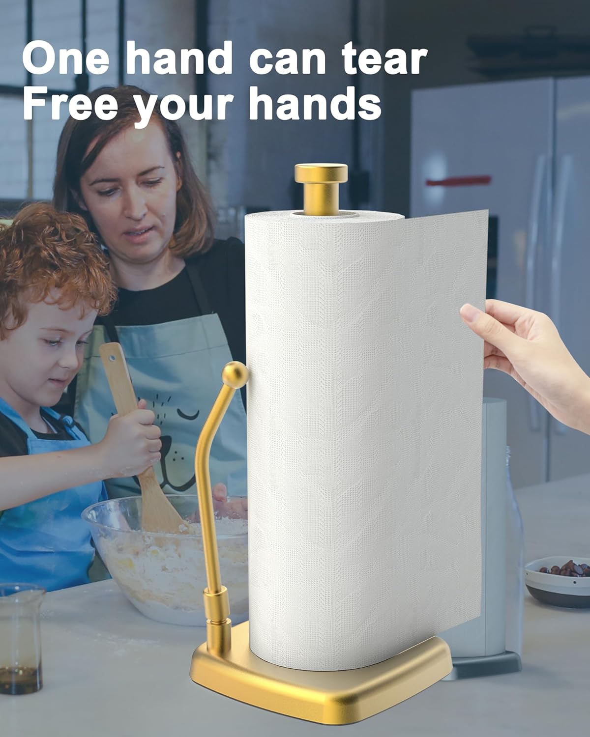 Paper Towel Holder Countertop Gold, Paper Towel Dispenser Standing Weighted Base Non-Slip, Spring Arm Fit Most Size Tissue Roll, Stainless Steel Paper Towel for Home Kitchen Tabletop