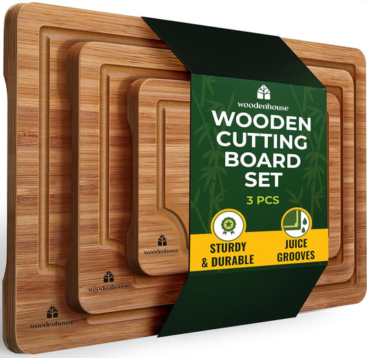 Wood Cutting Boards Set of 3 – Thick & Sturdy Bamboo Cutting Board with Deep Juice Grooves & Build-in Handles, Large Surface, Easy to Clean – for Meat, Vegetables and Fruits