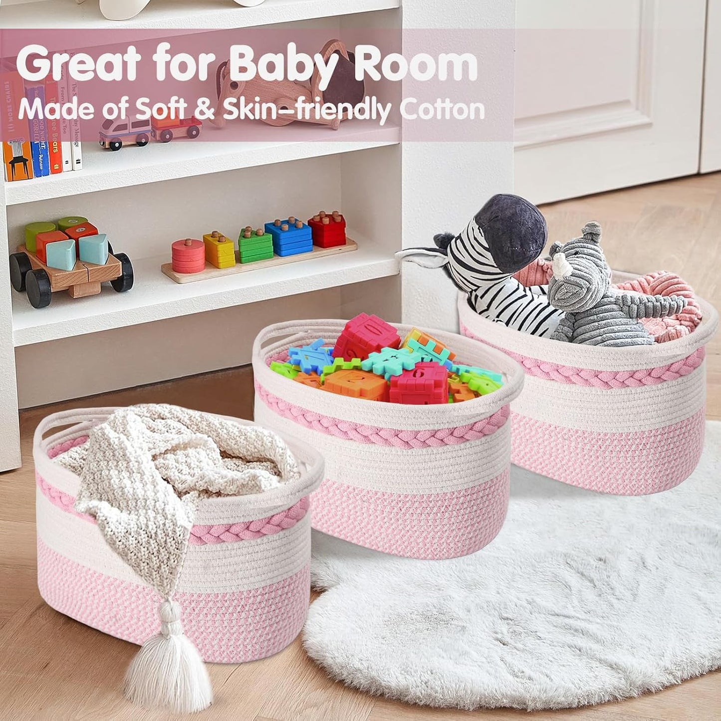 Woven Storage Basket, 3 Pack Pink Rope Basket for Shelves, HandWoven Cotton Rope Basket with Built-in Handles and Labels for Bathroom, Bedroom, Laundry, Pantry, Shelves