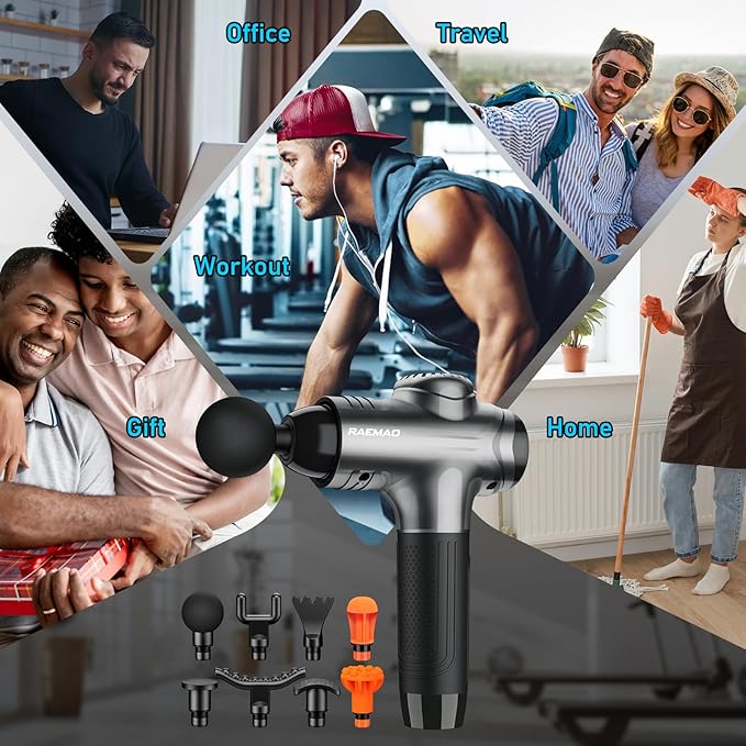 RAEMAO Massage Gun, Handheld Electric Deep Tissue Muscle Massager for Athletes for Pain Relief Attaching 8 Replacement Heads, Percussion Massager with 10 Speeds, Father's Day Gifts, Grey