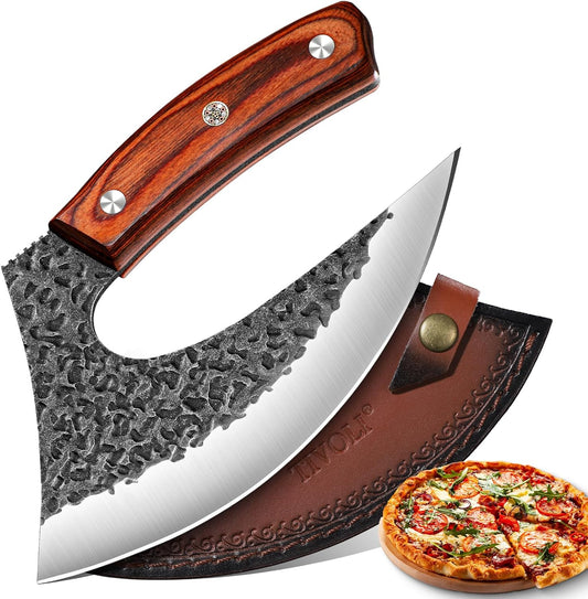 TIVOLI Ulu Knife with Sheath – Full Tang Rosewood Handle, Gift Box Included, Pizza Cutter & Viking Butcher Cleaver Knife for Meat and Herbs, Great for Outdoor Cooking and Unique Japanese Gifts for Men