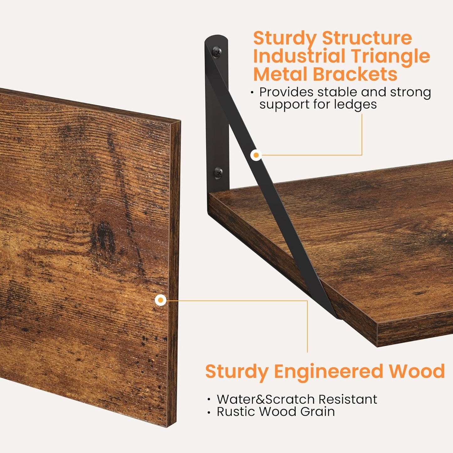 Heimlove Deep Floating Shelves for Wall, 16W x 12D Wood Wall Shelves Set of 2, Wide Floating Bookshelf for Living Room, Kitchen, Office, Bedroom and Decor Storage, with Metal Bracket - Rustic Brown