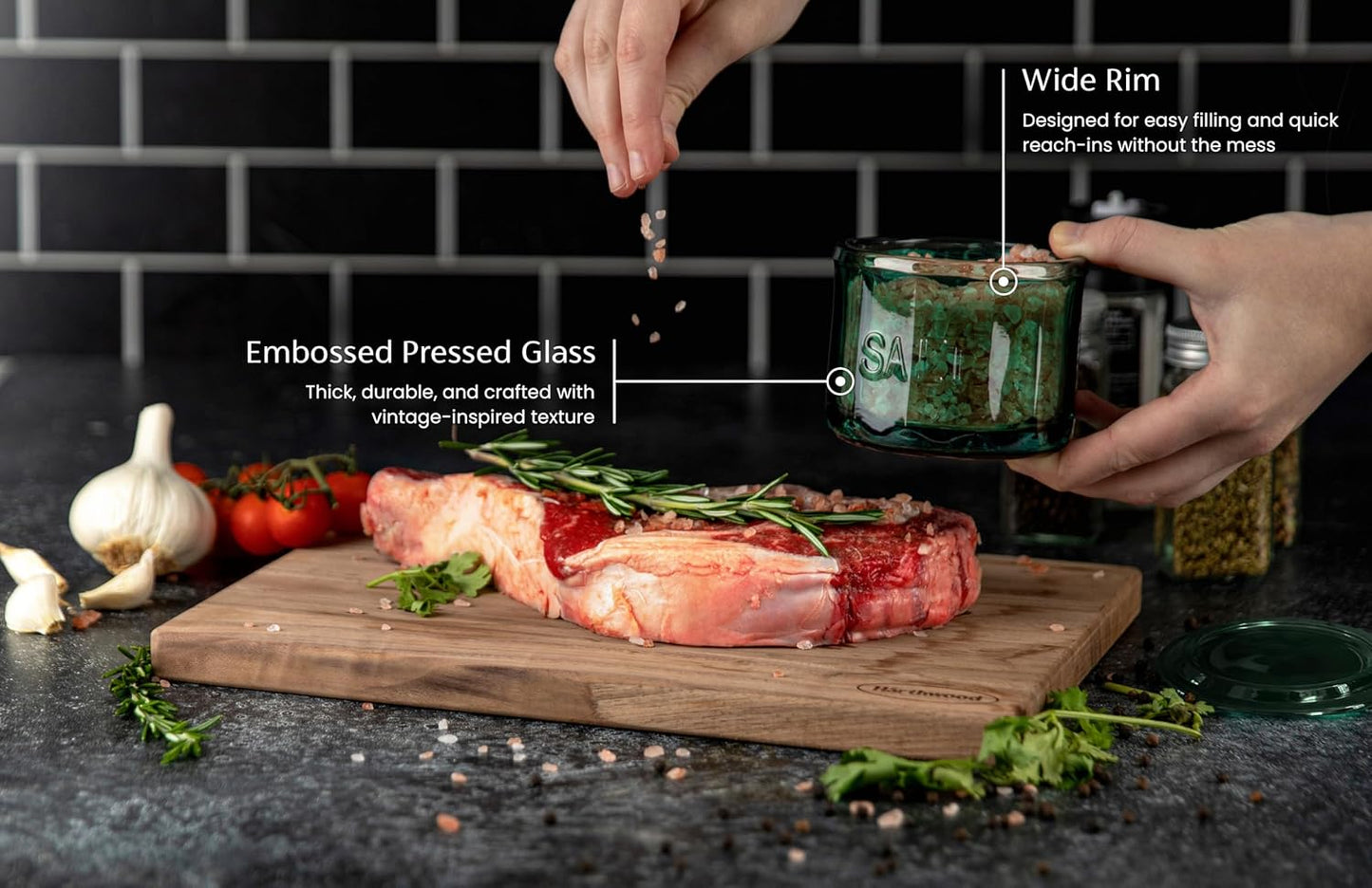 KooK Glass Salt Cellar, with Lid, Embossed Pressed Glass, Clear Storage Container, for Coffee, Sugar, Spices and Candies, 10 oz (Emerald Green)