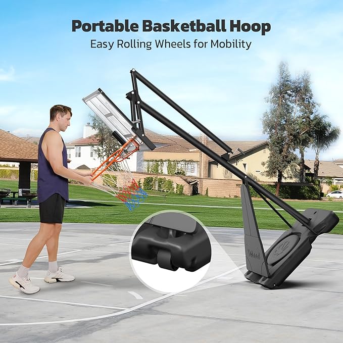 Basketball Hoop Outdoor Portable 44/48 Inch Backboard, 10ft Quickly Adjustable Basketball Goal System with Wheels for Court/Backyard/Driveway