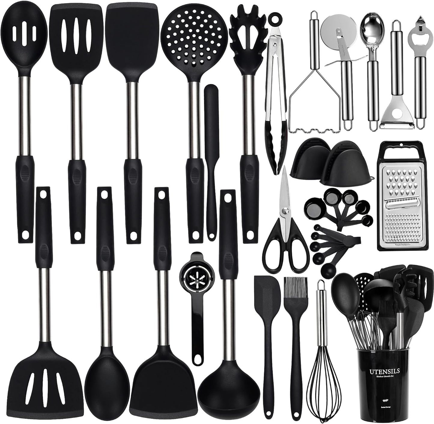 Silicone Cooking Utensils Set, NCUE 35 Pcs Kitchen Utensils Set with Holder, with Stainless Steel Handle Spatula Set, Spoons, Pasta Server, Cheese Grater, Masher, Scissors, Dishwasher Safe (Black)