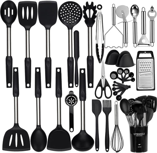 Silicone Cooking Utensils Set, NCUE 35 Pcs Kitchen Utensils Set with Holder, with Stainless Steel Handle Spatula Set, Spoons, Pasta Server, Cheese Grater, Masher, Scissors, Dishwasher Safe (Black)