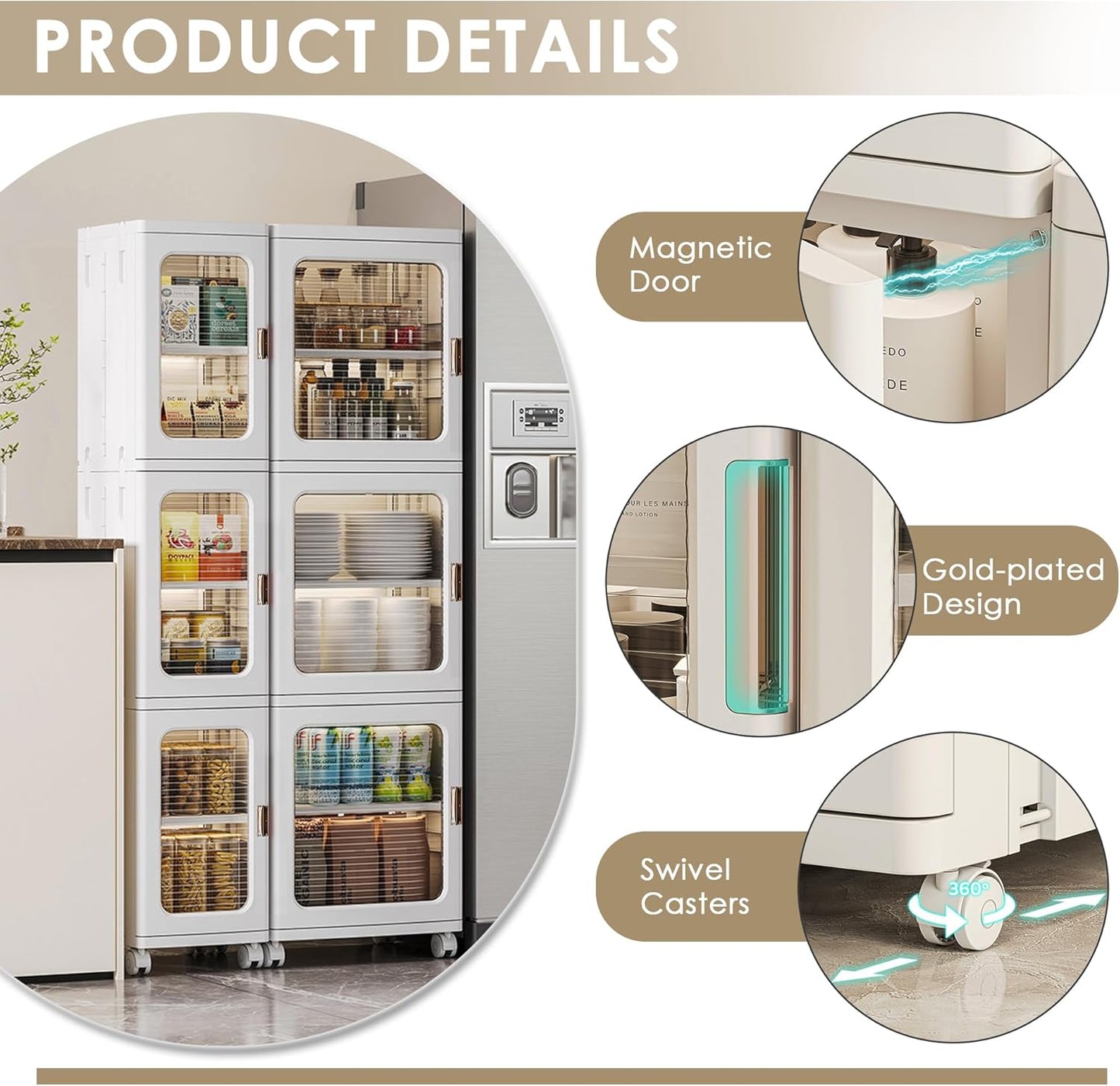 VECELO 4-Tier Plastic Tall Narrow Storage Cabinet with Movable Wheels, Adjustable Shelves, Magnetic Doors, Slim Bathroom Organizers and Storage for Small Space, Bathroom, Kitchen, Laundry, White