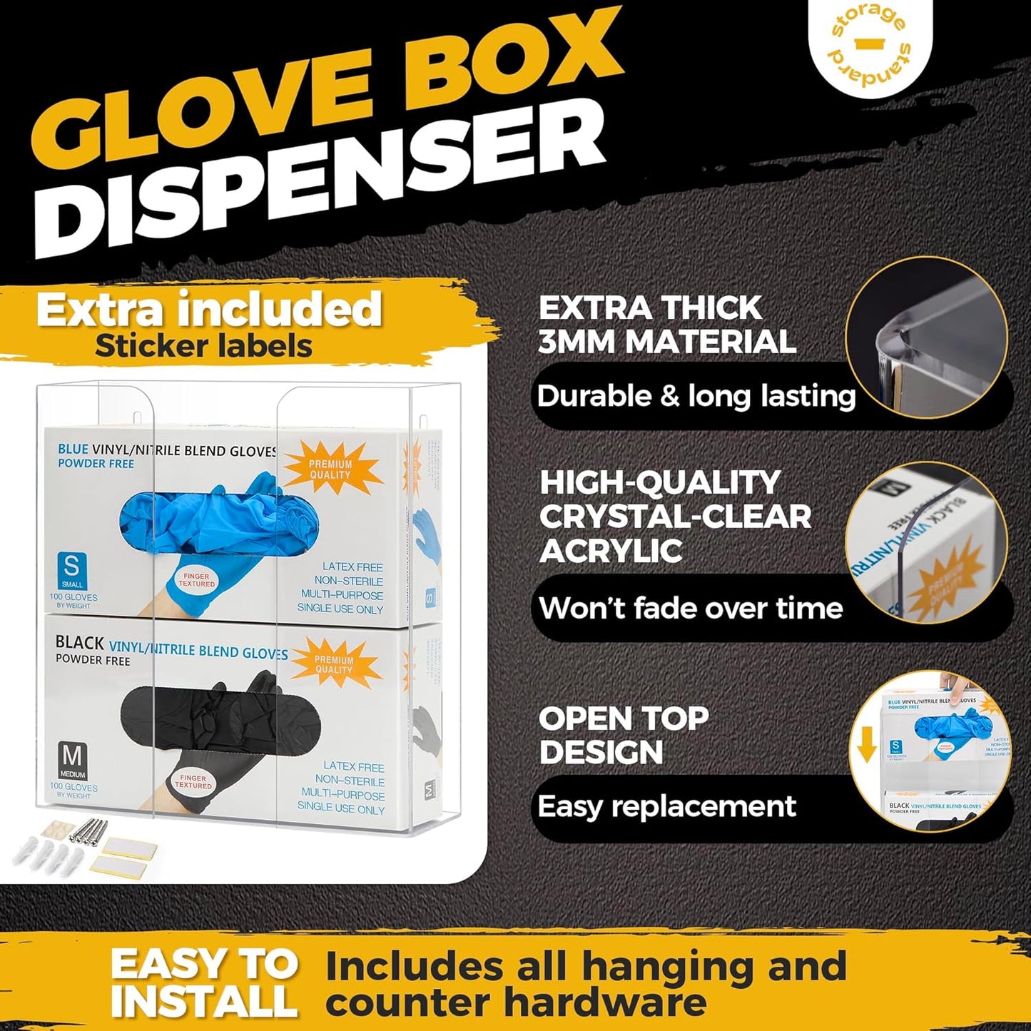 Storage Standard Double Glove Box Holder Dispenser - Kitchen, Medical, & Latex Gloves Holder Wall Mount or Countertop, Universal Fit - Thick Acrylic, Easy to Use, Slide, & Load Open Top Design - Clear