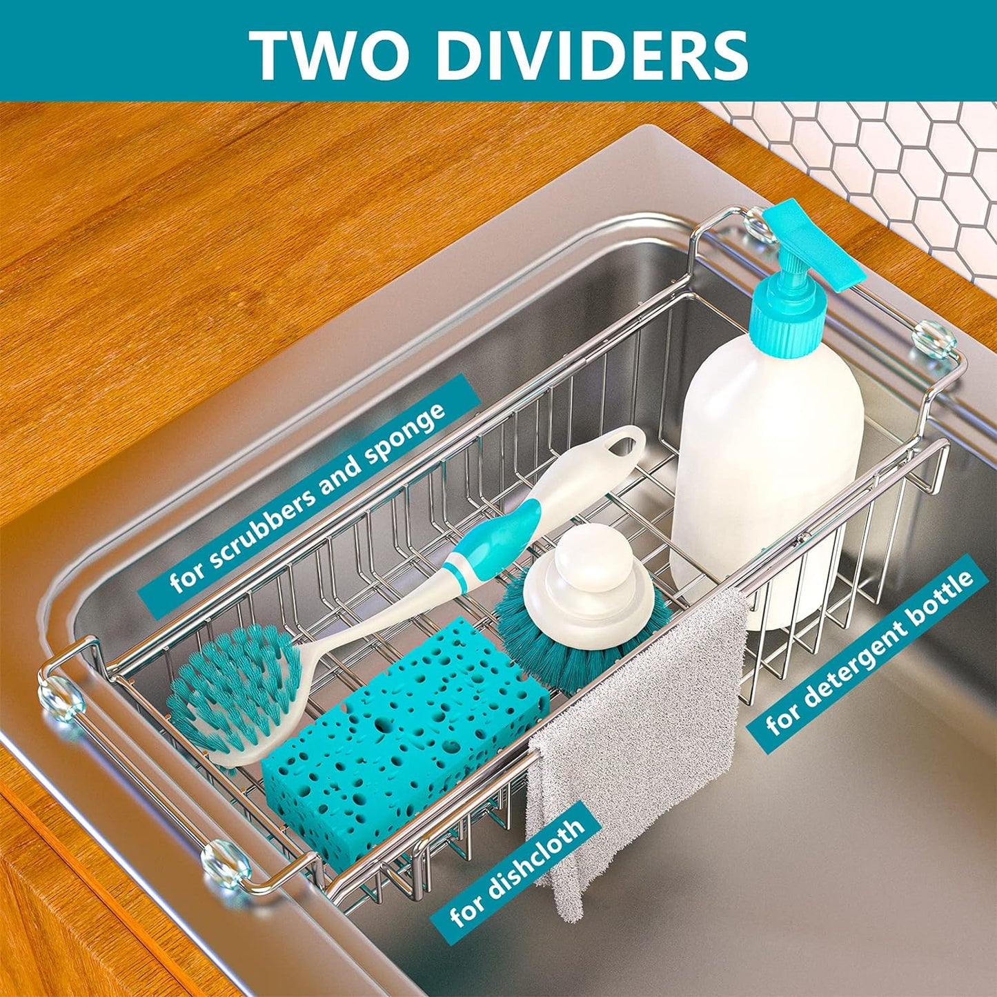 Over The Kitchen Sink Caddy Sponge Holder Organizer Drying Rack Expandable for Sponge Brush Soap Dish Cloth Rag 14.5" to 22", Stainless Steel