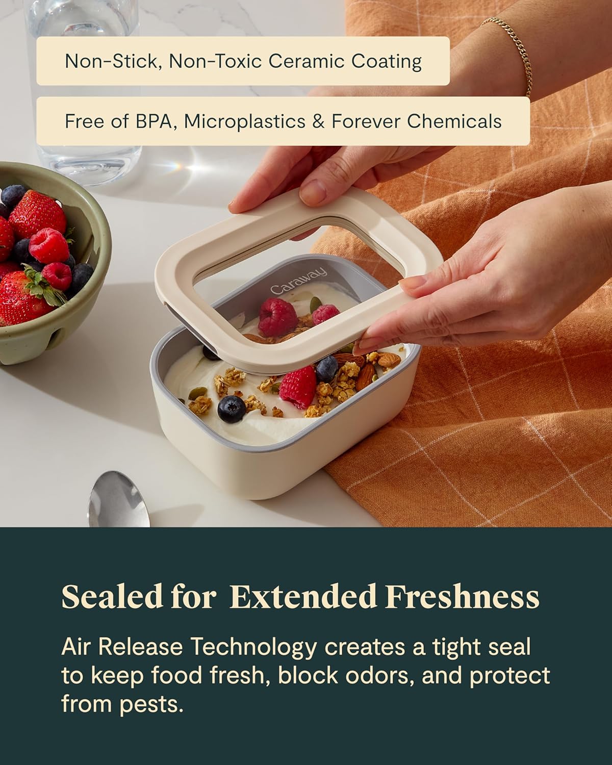 Caraway Mini Rectangle Food Storage Container - 2.6 Cup Glass Storage Container for Food - Non-Toxic Ceramic-Coated Glass - Air Release Technology - Compact & Stackable Design - Perracotta