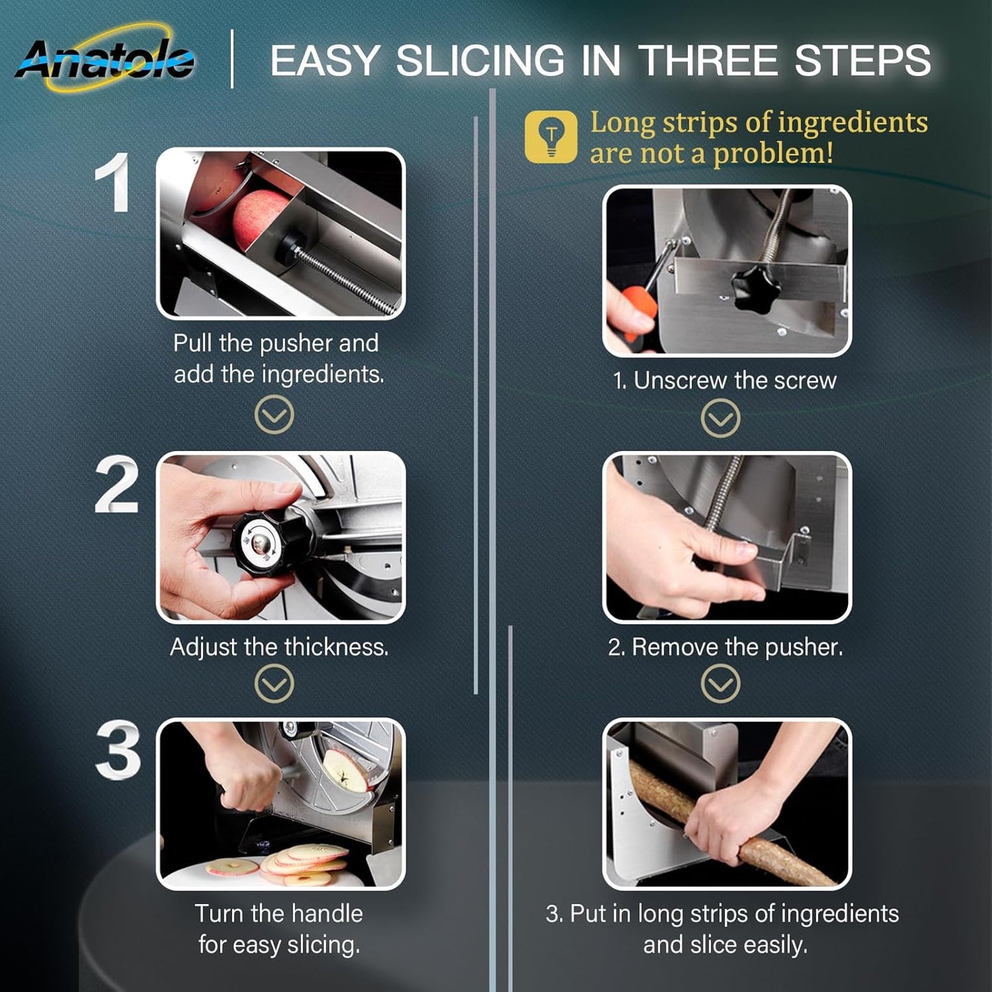 Anatole Commercial Vegetable Slicer Stainless Steel for Tomato Onion Potato Lime 0-0.5'' Thickness Adjustable Manual Fruit Cutter with 6 Suction Cups