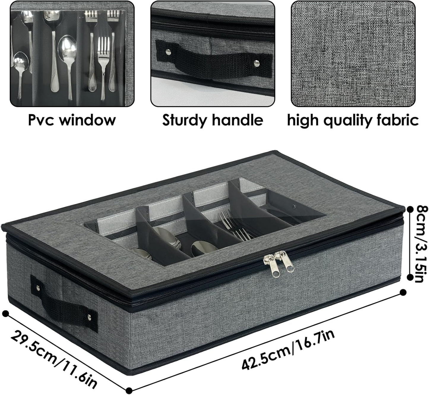 VERONLY Flatware Storage Case, Silverware Storage Box Chest with Dividers, 5 Compartment Cutlery Holder, Light Gray