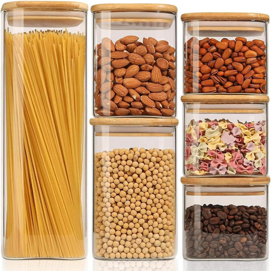 ComSaf Food Storage Containers with Airtight Lids Set of 6, Clear Glass Canister Food Jar with Sealing Lid Kitchen Pantry Storage Container for Spaghetti Pasta Sugar Flour Oat Cereal Beans, Square