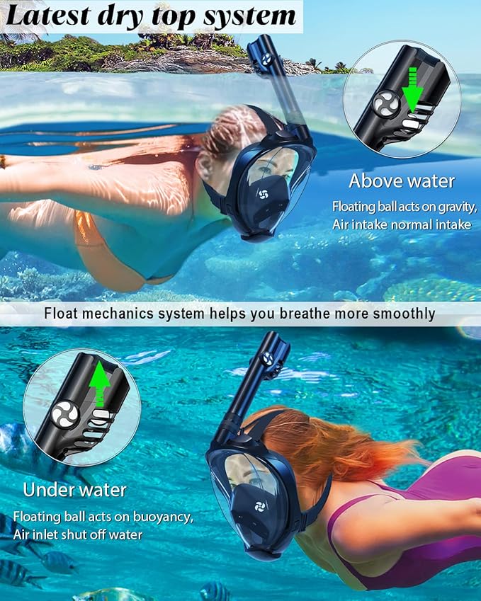 W WSTOO Full Face Snorkel Mask Adults,Suitable for Beginners Dry Top Snorkeling Gear,Can Your Mouth or Nose to Breathe,180 Degrees Panoramic View,Anti-Fog Anti-Leak,Summer Travel and Vacationing Gifts