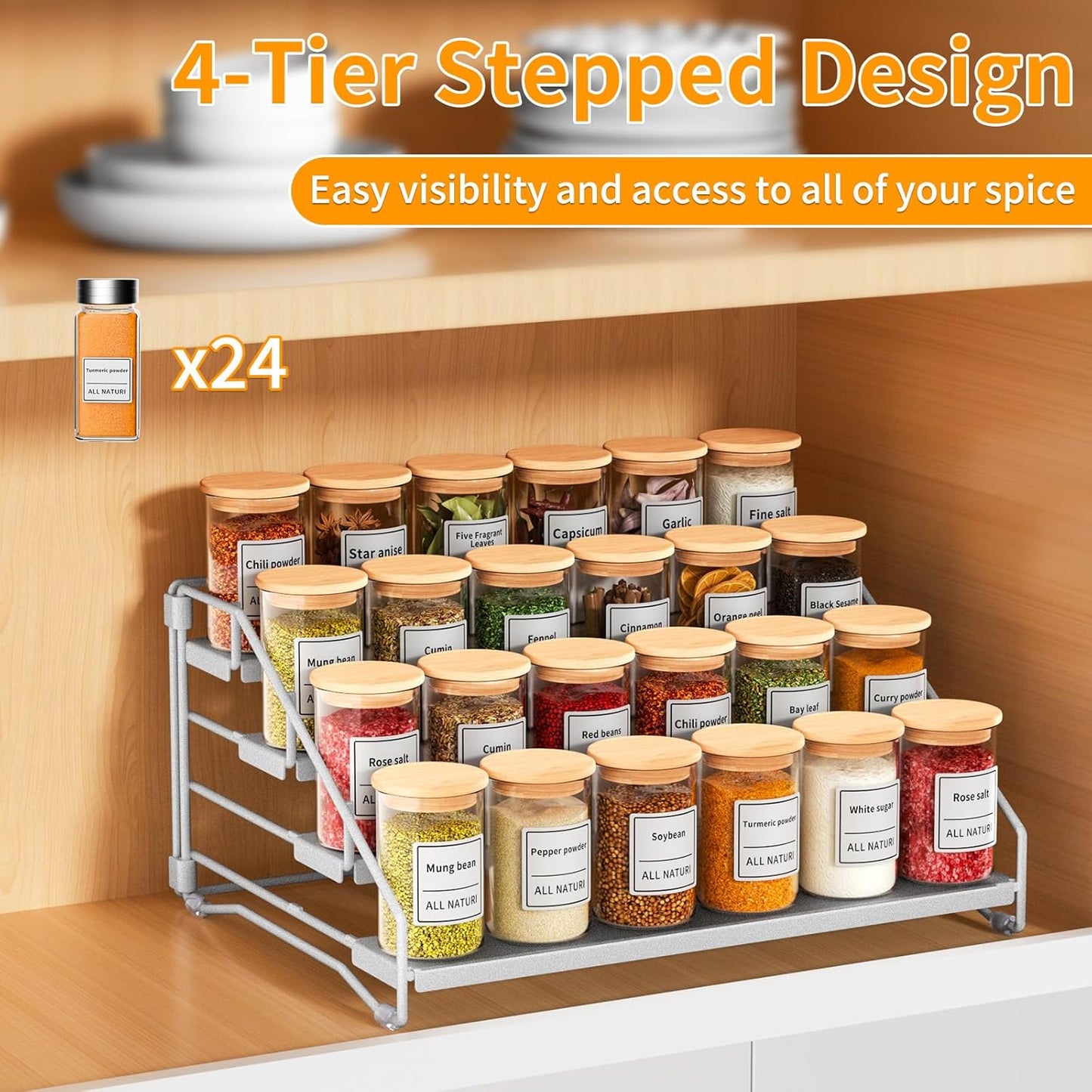RCHYFEED 4 Tier Spice Rack Organizer, Spice Organization for Cabinet,Pantry, Countertop,Tiered Spice Rack Easy Visibility,Depth Expandable Seasoning Shelf for Kitchen Cabinet Organizer,Silver