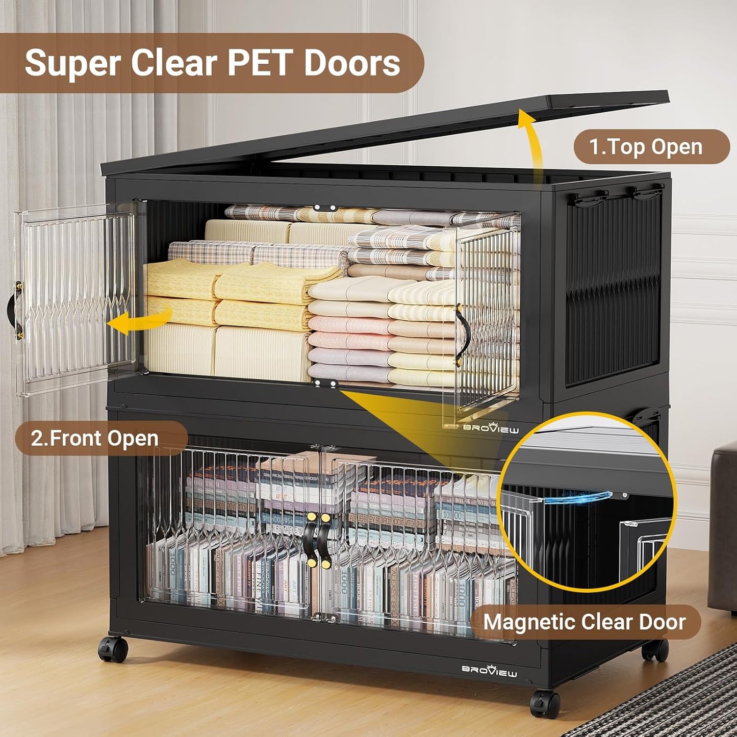 800Qt Extra Large Stackable Storage Bins with Lid, Closet Organizer Collapsible Drawer Boxes with Wheels, Folding Plastic Cabinet Containers for Home Kitchen Room Organization, 4Pack Black