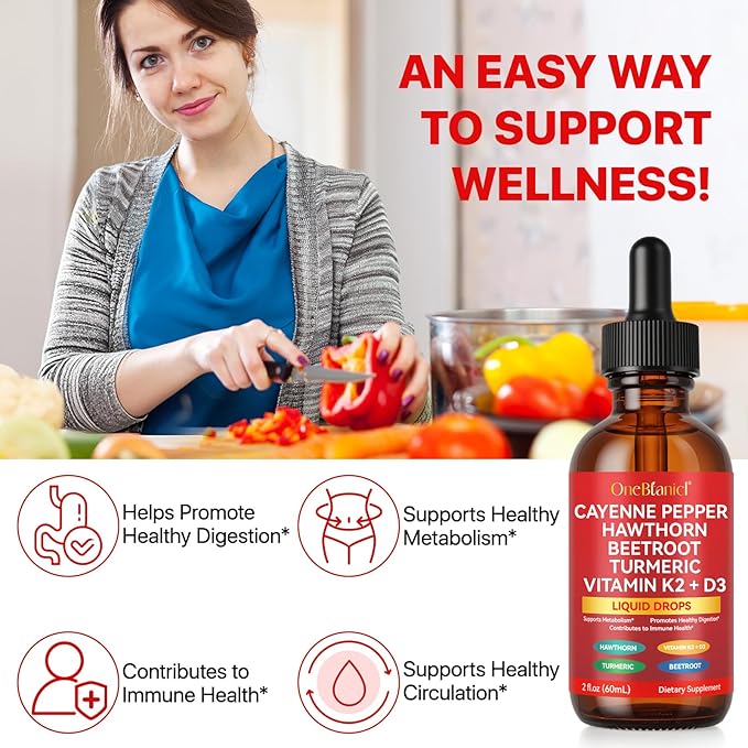 Cayenne Pepper Drops, Natural Cayenne Pepper Extract, Contains Beetroot & Turmeric & Hawthorn & Vitamin K2+D3, Natural Formula, Nutritional Supplement Drops 60ml