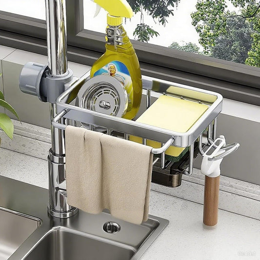 Sink Faucet Organizer Sponge Holder, Over Faucet Sink for 0.7-1.1" Round Water Pipe, Rustproof Caddy Rack, Adjustable Storage Shelf for Kitchen, Bathroom (Right Silver)