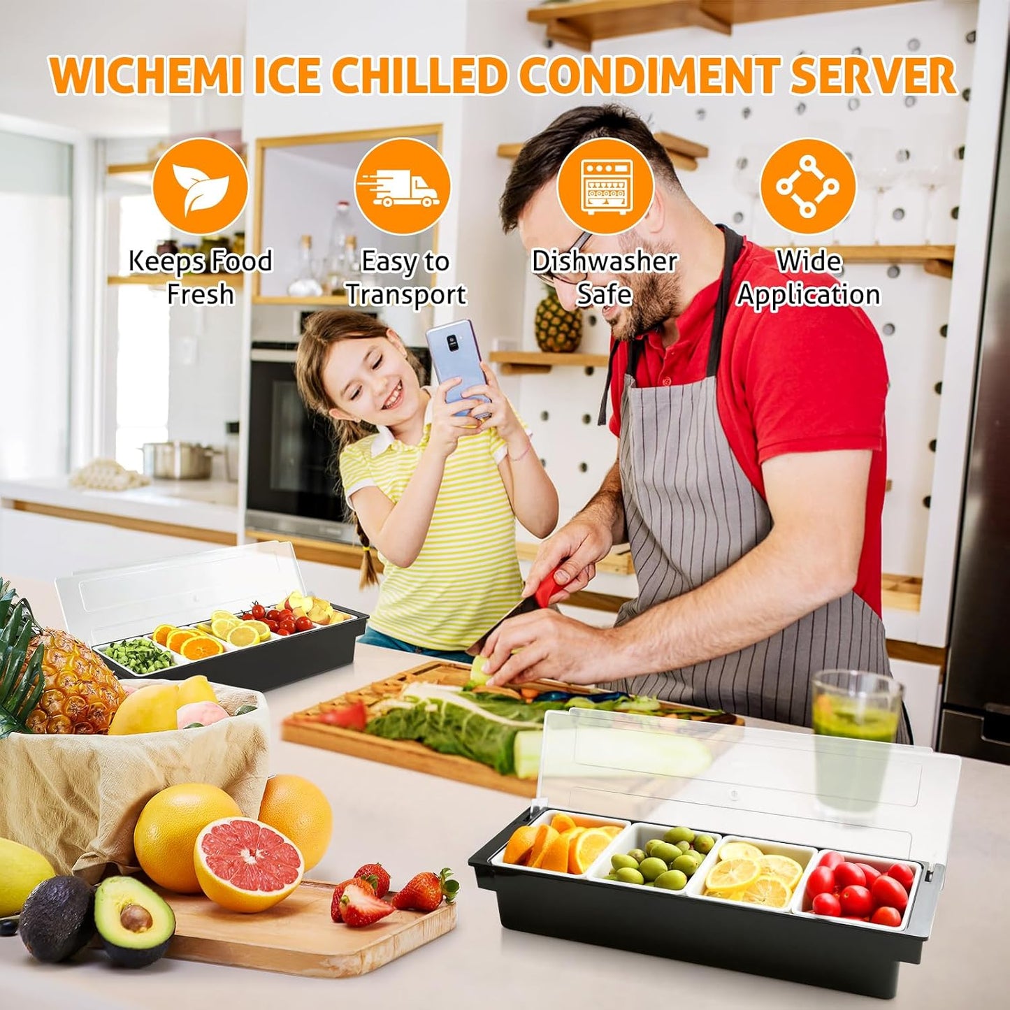 WICHEMI Fruit, Veggie & Condiment Caddy with Lid Dispenser Tray Garnish Station for Bartending & Serving Taco, Ice Cream, Salad Bar - Topping Organizer for Restaurant Supplies (4 Compartment, 2 Pack)