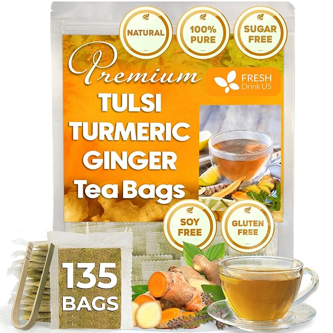 FreshDrinkUS, Premium 135 Tulsi Turmeric Ginger Tea Bags, 100% Natural & Pure from Tulsi Holy Basil Leaves, Turmeric and Ginger. Made with Natural Material Tea Bags. No Sugar, No Caffeine, Vegan.