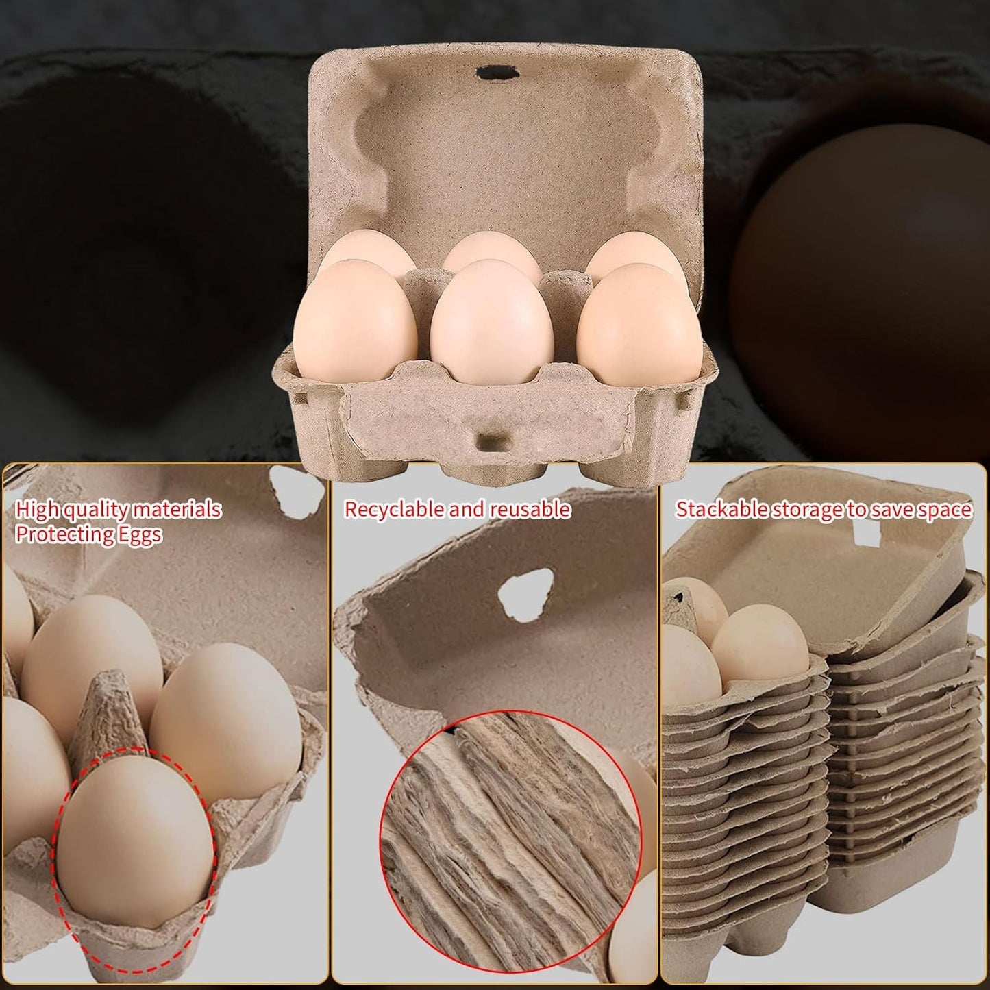 50 Pack Empty Egg Cartons,6 Pulp Fiber Storage Containers for Kitchen, Farm, Picnic,Travel, Brown,Reusable