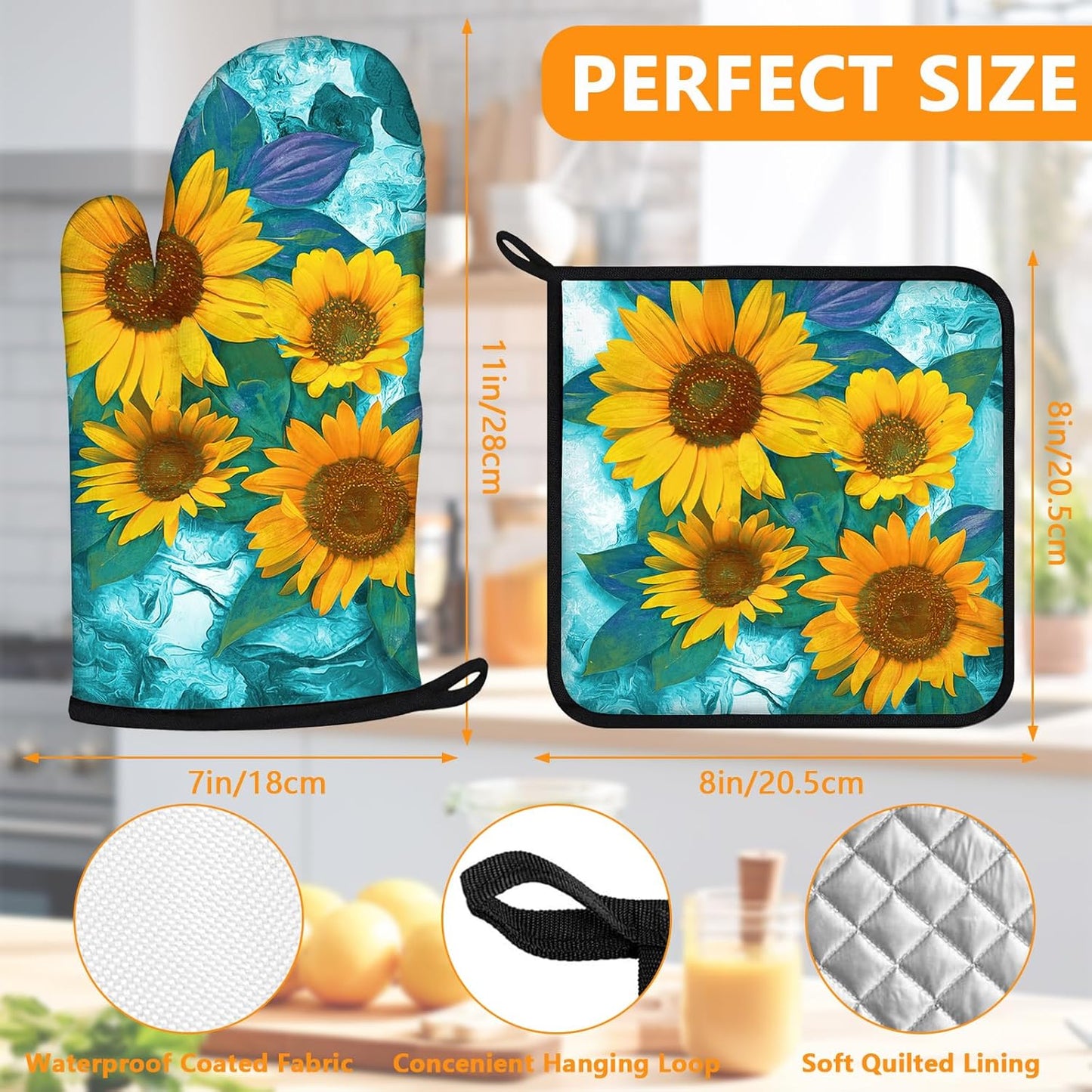 Sunflower Oven Mitts and Pot Holders Sets 4Pcs,Extra Long Oven Gloves Potholder for Kitchen Cooking Baking BBQ 100% Cotton Heat Resistant