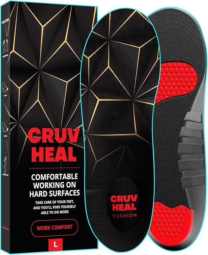 Work Pro Comfort Insoles - Shock Absorption - Low Arch - Cushioning Anti Fatigue Shoe Insert Men Women - Non-Slip - Soft Comfortable Work Boot Insoles - Foot Pain Relief (L, Black)