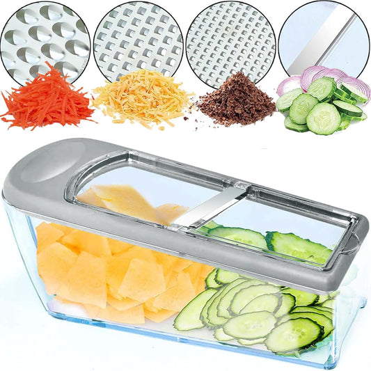LHS Mandoline Slicer, 4 Sharp Stainless Steel Blades with Food Storage Container — Kitchen Tools for Cheese, Chocolate, Vegetables& Fruits - Dishwasher Safe (grey)