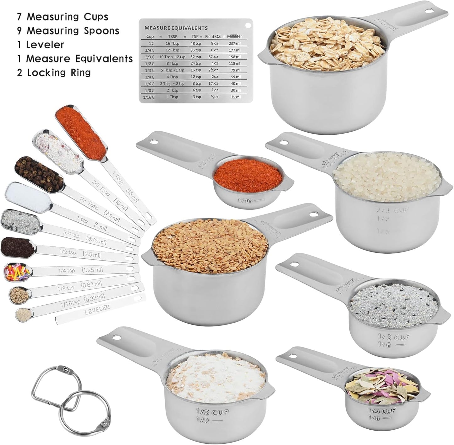 Smithcraft Measuring Cups and Spoons Set, Stainless Steel Measuring Cups Set, Dry 7 Measurer Cups 9 Measurement Spoons with Leveler & Measure Enquivalents for Kitchen & Baking Nesting Measuring Tools