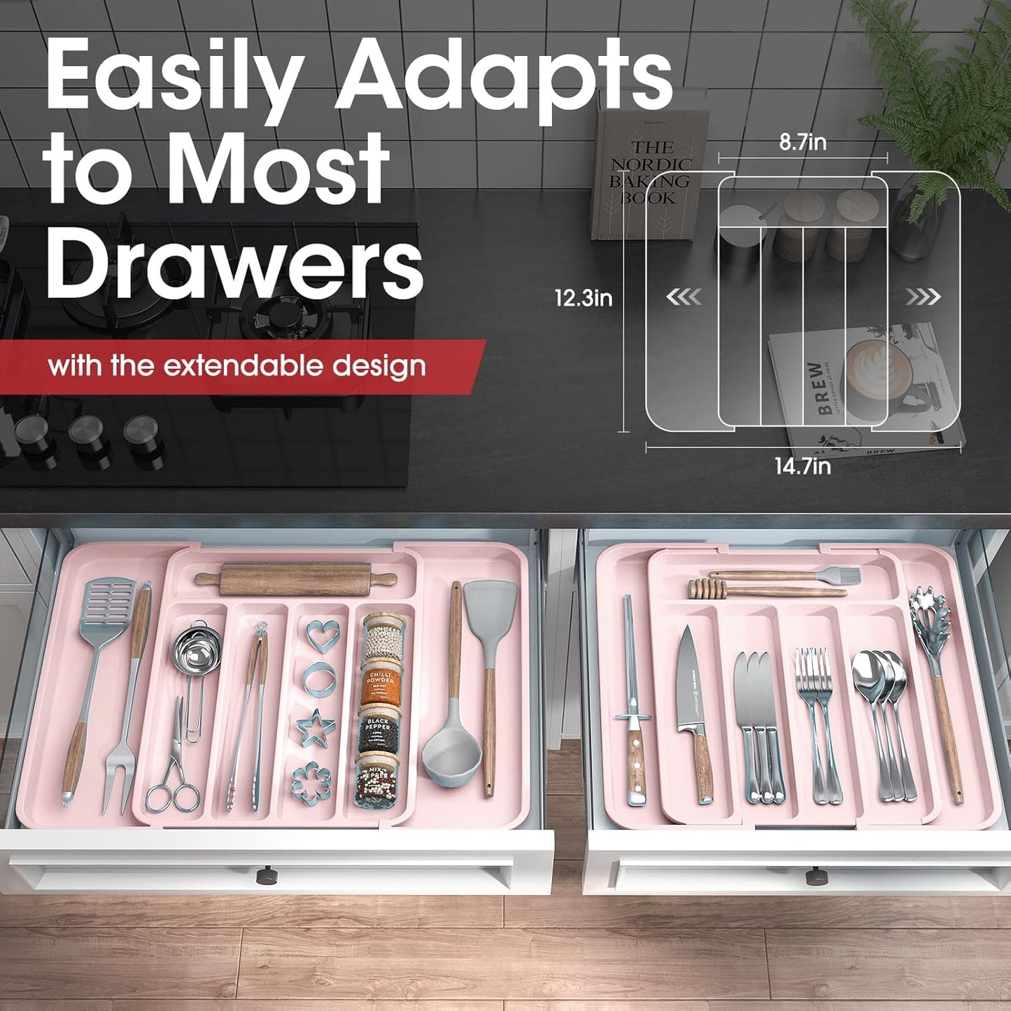 Aujen Silverware Organizer - Expandable Kitchen Drawer Organizer, Adjustable Utensil Organizer, Cutlery Tray for Forks, Knives, Multipurpose Kitchen Organizers and Storage Solution, Pink, Medium