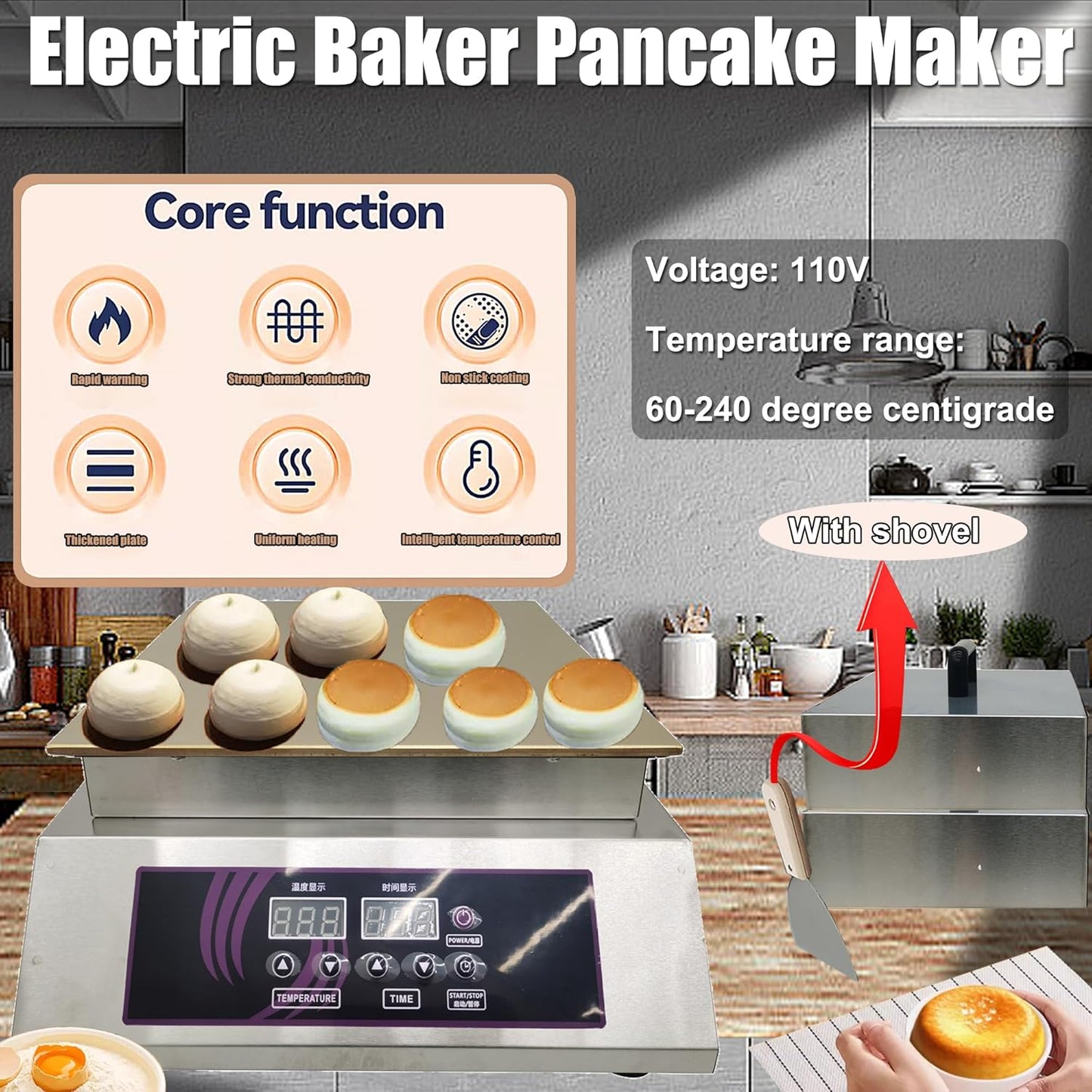 Electric Dorayaki Baker Pancake Making Machine Non-Stick Pancake and Waffle Maker Commercial Stainless Steel Single Station Muffin Machine Time and Temperature Adjustable 110V