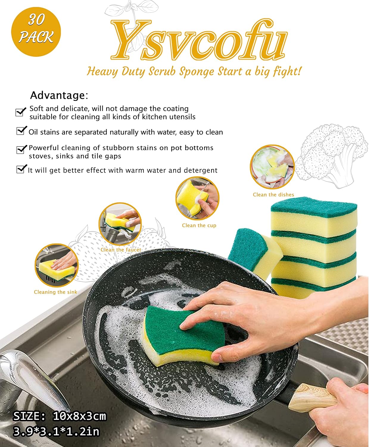 (Pack of 30) Kitchen Sponges Pack,Scrub Daddy sponges,Dish Sponge,Double Face Non-Scratch Scrub Sponge，Super Absorbent Multi-Use Cleaning Sponge,Widely Used in Kitchen, Bathroom, Outdoor