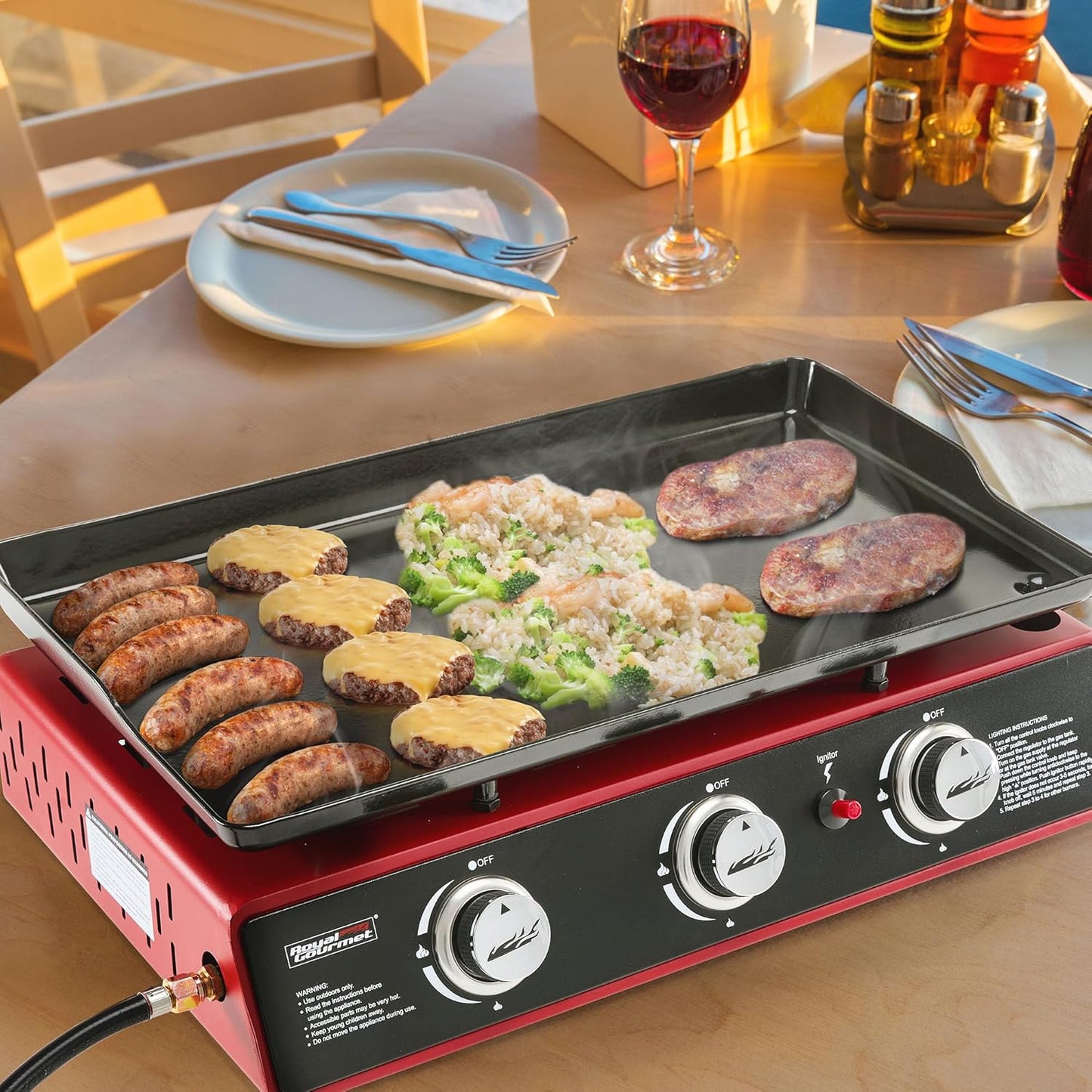 Royal Gourmet PD1301R 3 Burner Tabletop Propane Gas Griddle with Cover, 24 Inch Portable Griddle with 25,500 BTUs Output for Outdoor Cooking While Camping or Tailgating, Red