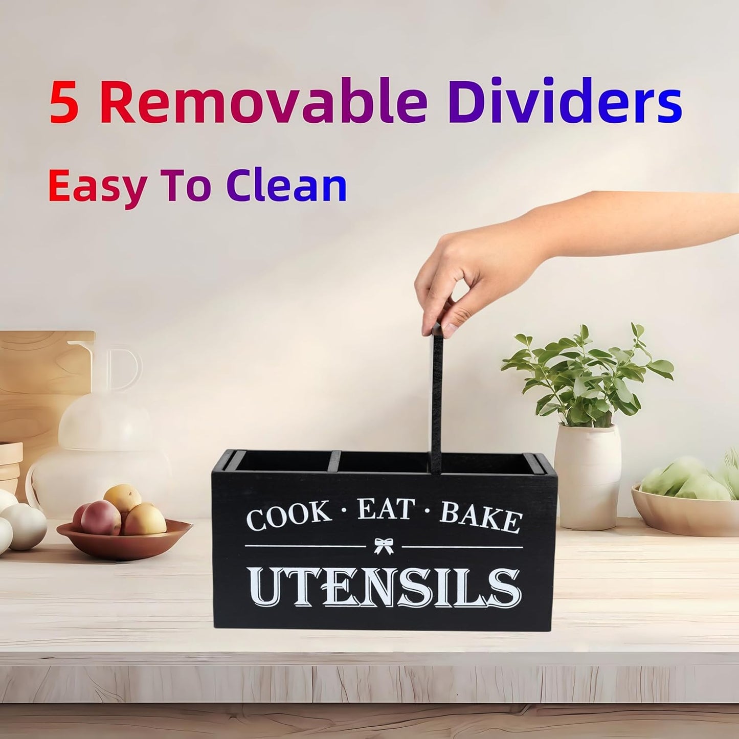 Utensil Holder,Large Wooden Utensil Holder For Kitchen Counter,Cooking Spatula Organizer,Big Storage Caddy With 3 Compartments Flatware Spoon Tool Cutlery（Black）